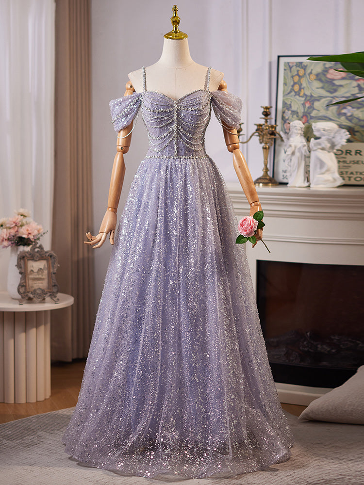 A-Line Sweetheart Neck Off Shoulder Tulle Sequin Gray Blue Long Formal Prom Dresses