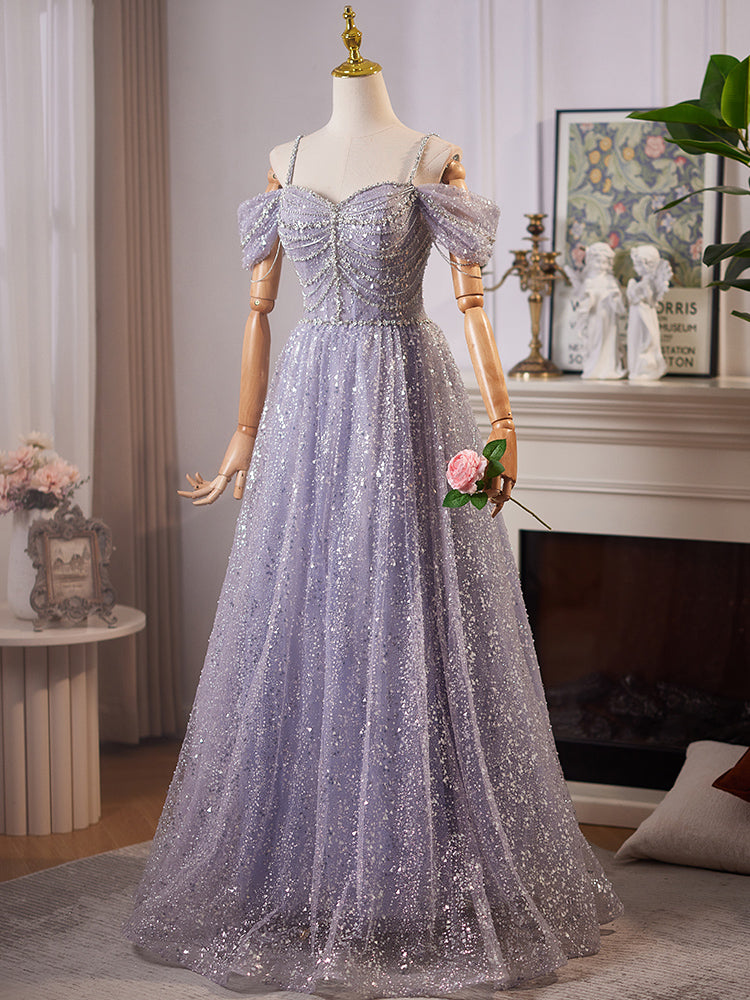 A-Line Sweetheart Neck Off Shoulder Tulle Sequin Gray Blue Long Formal Prom Dresses Secondary image