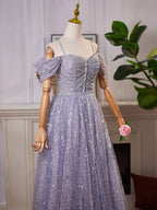 A-Line Sweetheart Neck Off Shoulder Tulle Sequin Gray Blue Long Formal Prom Dresses