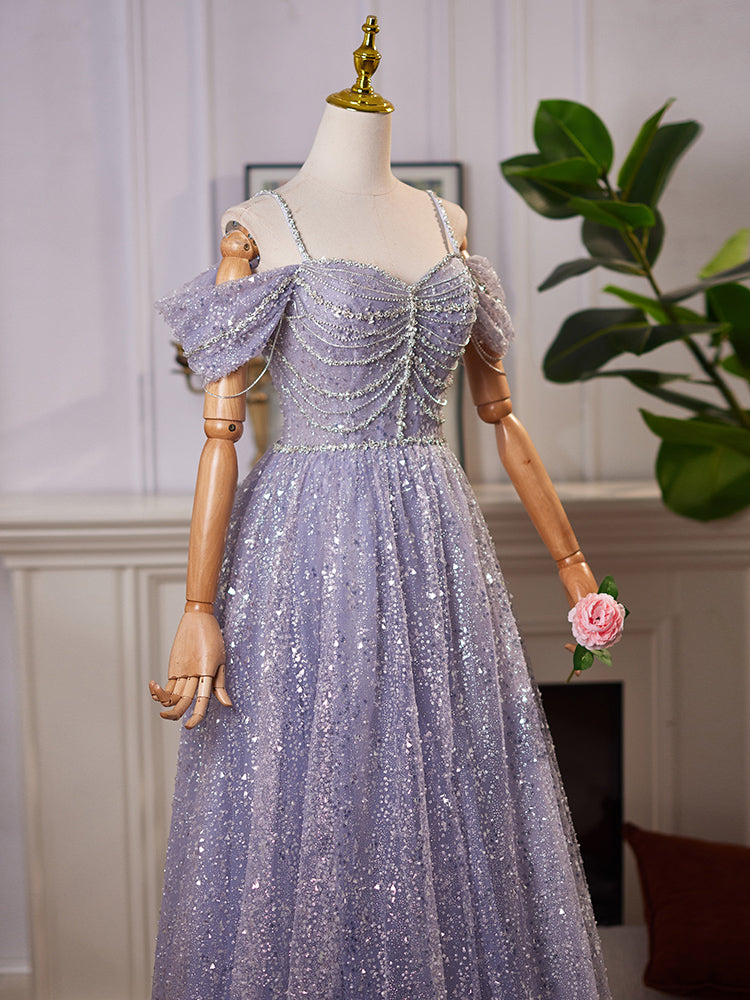 A-Line Sweetheart Neck Off Shoulder Tulle Sequin Gray Blue Long Formal Prom Dresses