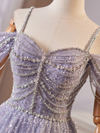 A-Line Sweetheart Neck Off Shoulder Tulle Sequin Gray Blue Long Formal Prom Dresses