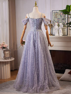 A-Line Sweetheart Neck Off Shoulder Tulle Sequin Gray Blue Long Formal Prom Dresses