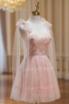 A Line Sweetheart Neck Pink Short Formal Prom Dresses, Formal Puffy Pink Homecoming Dresses with Lace Applique Beading