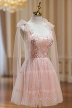 A Line Sweetheart Neck Pink Short Formal Prom Dresses, Formal Puffy Pink Homecoming Dresses with Lace Applique Beading