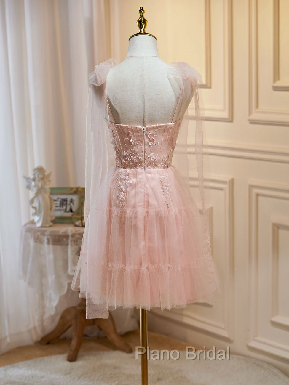 A Line Sweetheart Neck Pink Short Formal Prom Dresses, Formal Puffy Pink Homecoming Dresses with Lace Applique Beading