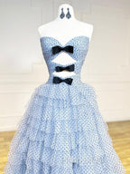 A-Line Sweetheart Neck Polka Dots Tulle Blue Long Formal Prom Dresses, Blue Long Formal Dresses