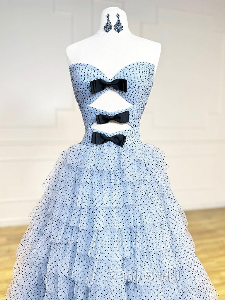 A-Line Sweetheart Neck Polka Dots Tulle Blue Long Formal Prom Dresses, Blue Long Formal Dresses