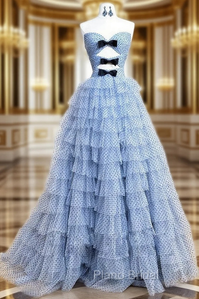 A-Line Sweetheart Neck Polka Dots Tulle Blue Long Formal Prom Dresses, Blue Long Formal Dresses Main image