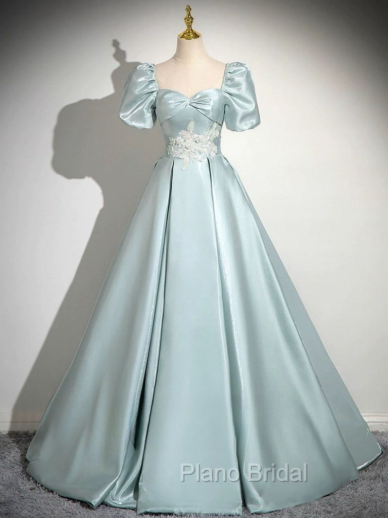 A-Line Sweetheart Neck Puff Sleeves Satin Blue Long Formal Prom Dresses, Blue Long Formal Dresses