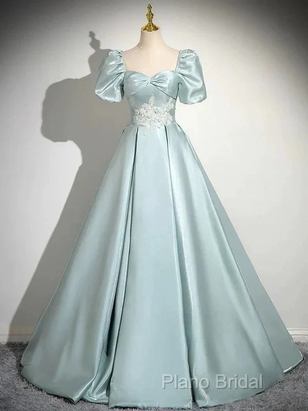 A-Line Sweetheart Neck Puff Sleeves Satin Quinceanera Dresses Blue Long Formal Prom Dresses Elegant Formal Dresses