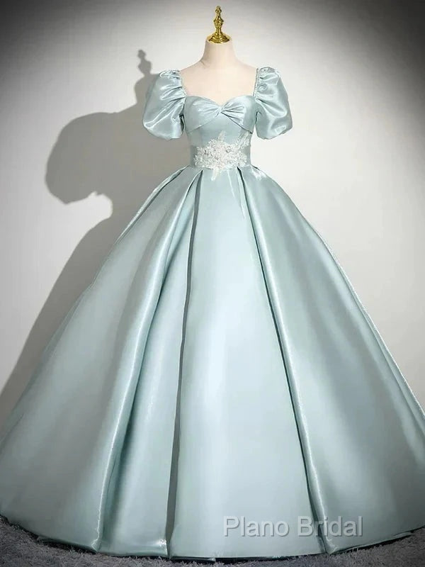 A-Line Sweetheart Neck Puff Sleeves Satin Quinceanera Dresses Blue Long Formal Prom Dresses Elegant Formal Dresses