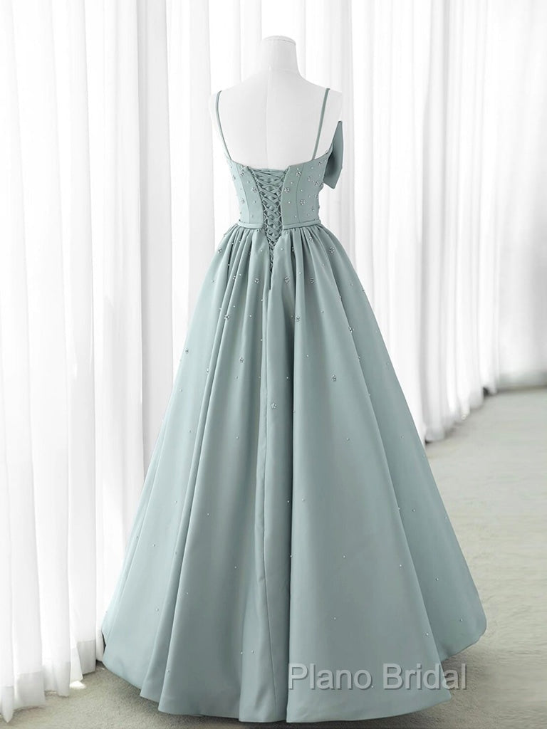 A-Line Sweetheart Neck Satin Beads Blue Long Formal Prom Dresses, Blue Formal Dresses