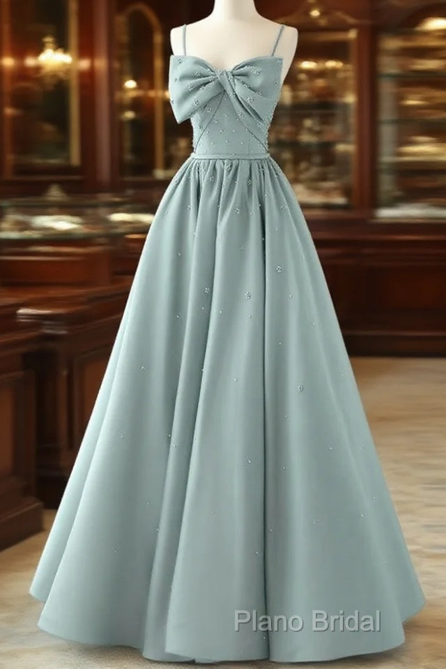 A-Line Sweetheart Neck Satin Beads Blue Long Formal Prom Dresses, Blue Formal Dresses Main image