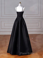 A-Line Sweetheart Neck Satin Black Long Formal Prom Dresses, Black Long Evening Dresses