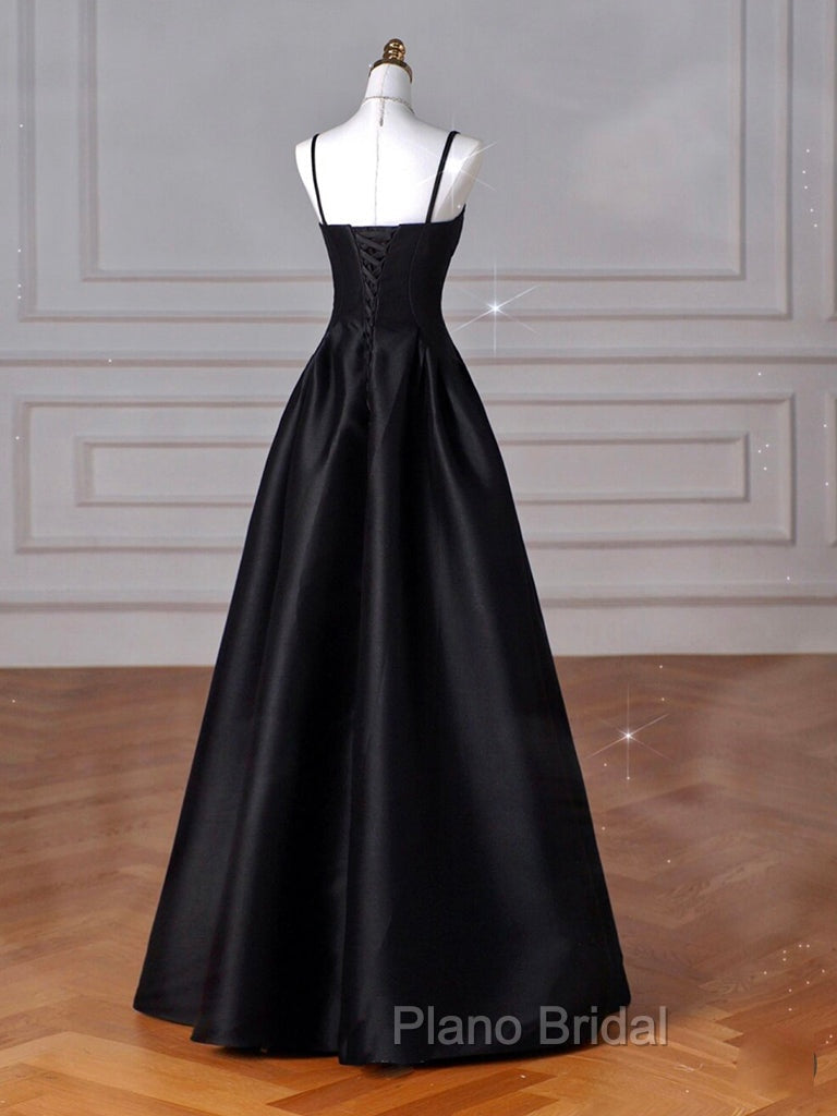 A-Line Sweetheart Neck Satin Black Long Formal Prom Dresses, Black Long Evening Dresses