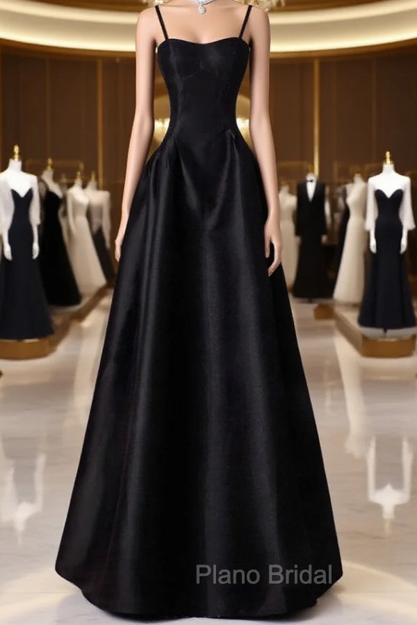A-Line Sweetheart Neck Satin Black Long Formal Prom Dresses, Black Long Evening Dresses Main image
