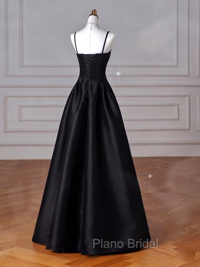 A-Line Sweetheart Neck Satin Black Long Formal Prom Dresses, Black Long Formal Dresses Secondary image
