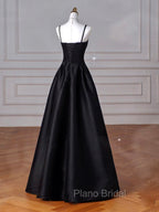 A-Line Sweetheart Neck Satin Black Long Formal Prom Dresses, Black Long Formal Dresses