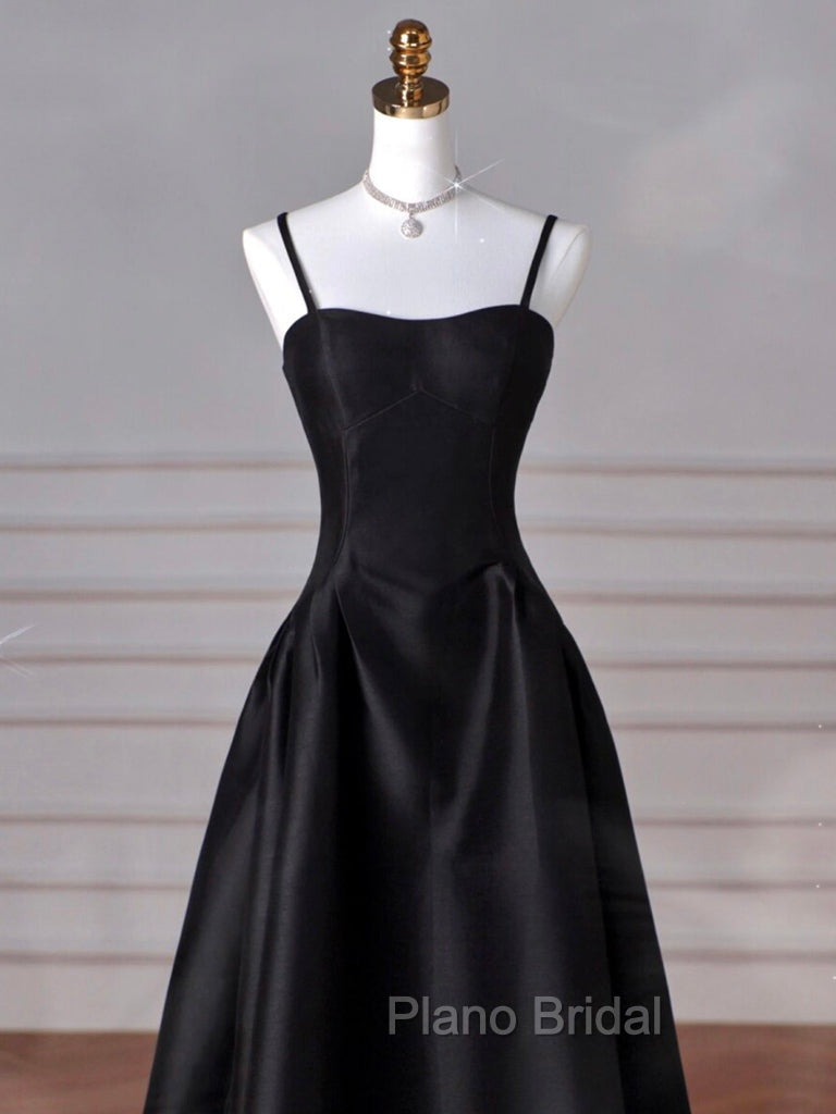 A-Line Sweetheart Neck Satin Black Long Formal Prom Dresses, Black Long Formal Dresses