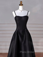 A-Line Sweetheart Neck Satin Black Long Formal Prom Dresses, Black Long Formal Dresses