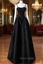 A-Line Sweetheart Neck Satin Black Long Formal Prom Dresses, Black Long Formal Dresses