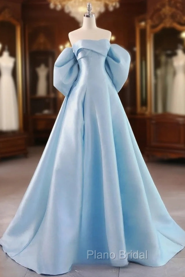 A-Line Sweetheart Neck Satin Blue Long Formal Prom Dresses, Blue Long Formal Dresses Main image