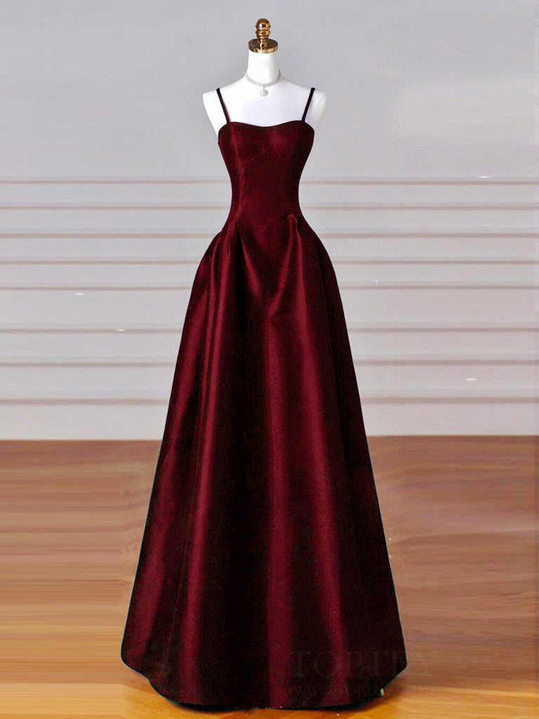 A-Line Sweetheart Neck Satin Burgundy Long Formal Prom Dresses, Burgundy Long Formal Dresses