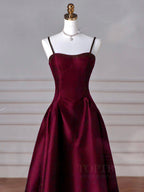 A-Line Sweetheart Neck Satin Burgundy Long Formal Prom Dresses, Burgundy Long Formal Dresses