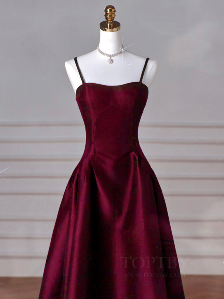 A-Line Sweetheart Neck Satin Burgundy Long Formal Prom Dresses, Burgundy Long Formal Dresses