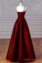 A-Line Sweetheart Neck Satin Burgundy Long Prom Dress, Burgundy Long Formal Dress