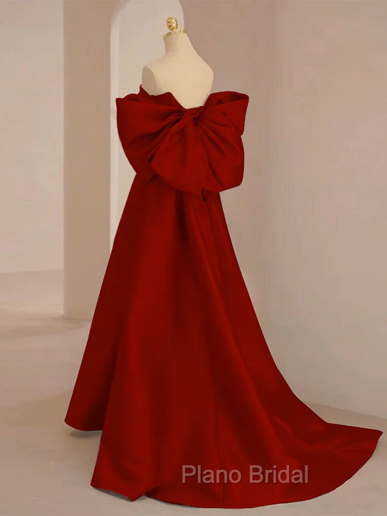 A-Line Sweetheart Neck  Satin Burgundy Long Formal Prom Dresses with Bow Secondary image