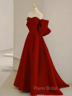 A-Line Sweetheart Neck  Satin Burgundy Long Formal Prom Dresses with Bow
