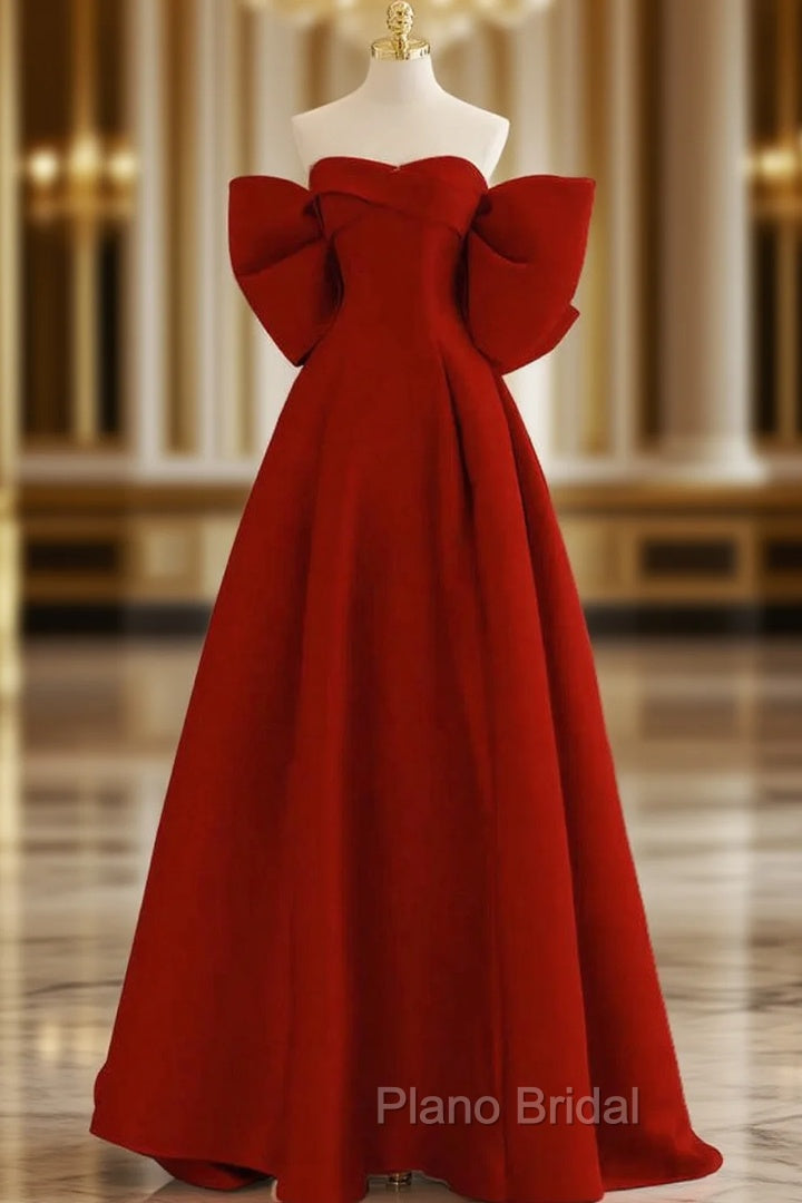 A-Line Sweetheart Neck  Satin Burgundy Long Formal Prom Dresses with Bow Main image