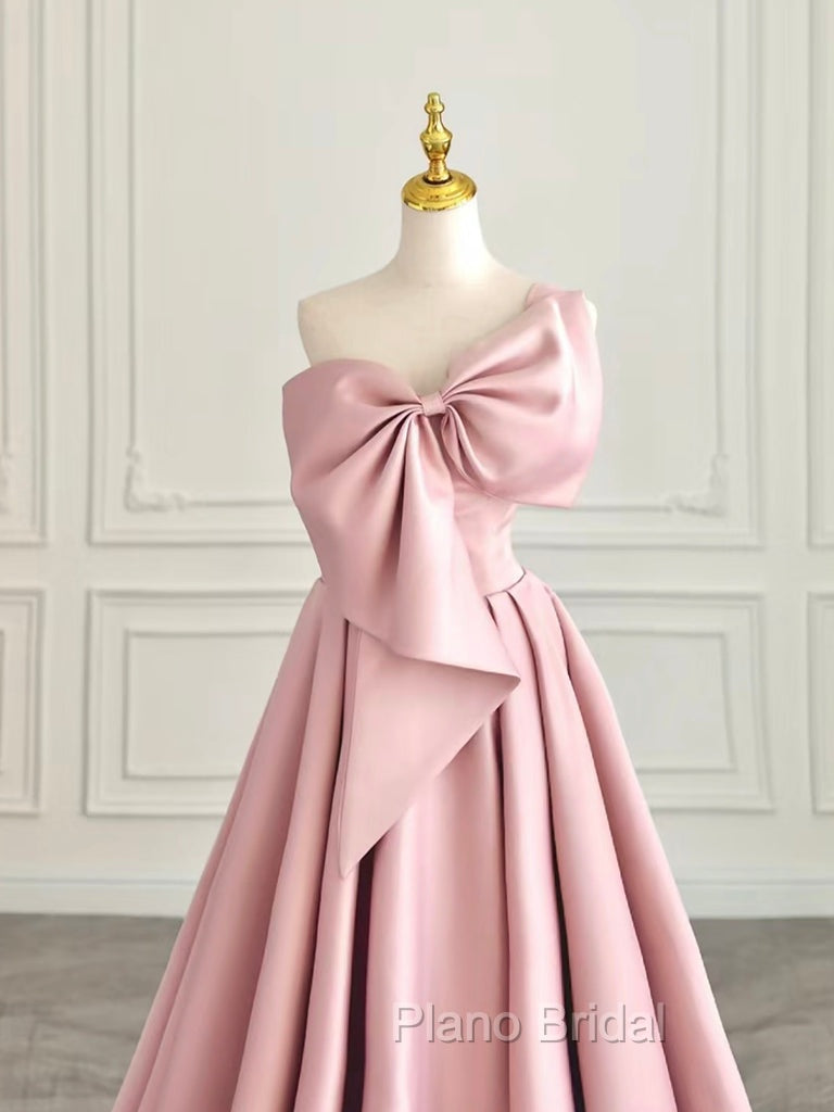 A-Line Sweetheart Neck Satin Pink Long Formal Prom Dresses, Pink Long Evening Dresses