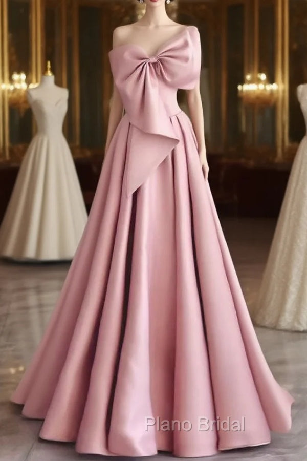 A-Line Sweetheart Neck Satin Pink Long Formal Prom Dresses, Pink Long Evening Dresses Main image