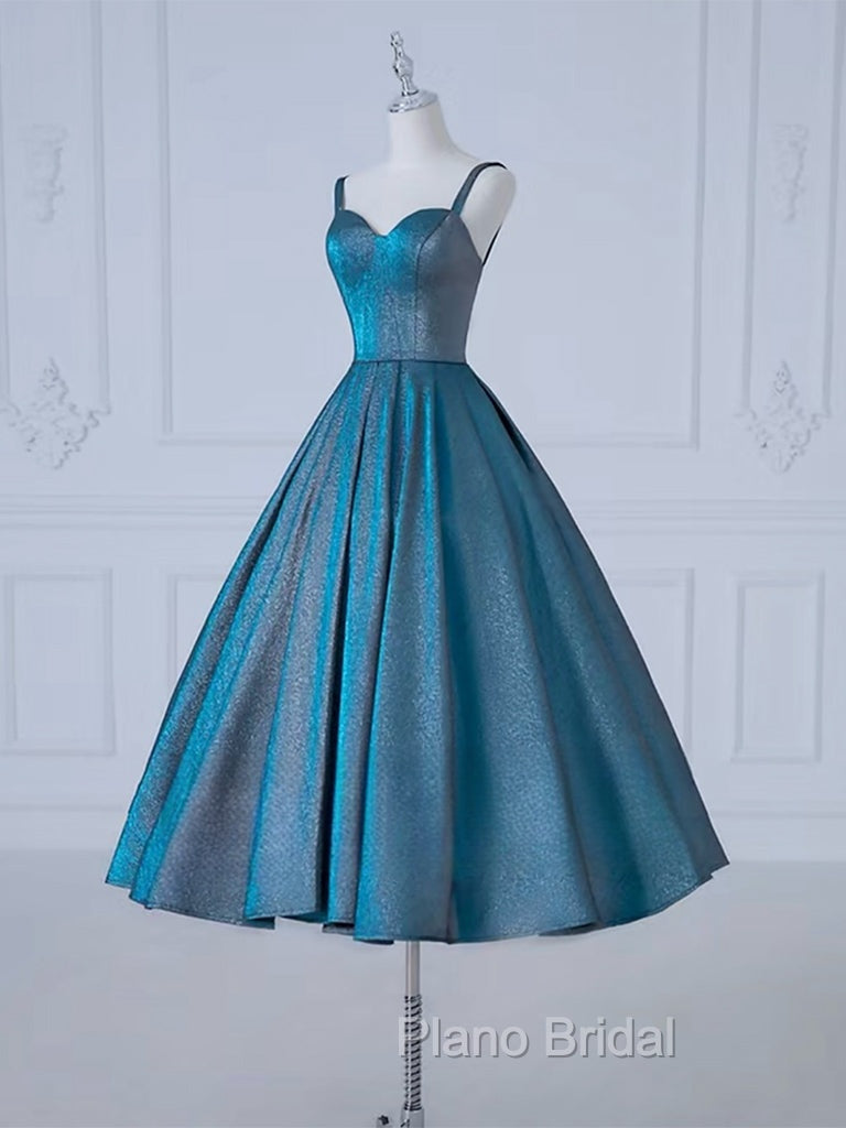 A-Line Sweetheart Neck Satin Tea Length Blue Formal Prom Dresses, Blue Formal Dresses Secondary image