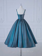 A-Line Sweetheart Neck Satin Tea Length Blue Formal Prom Dresses, Blue Formal Dresses