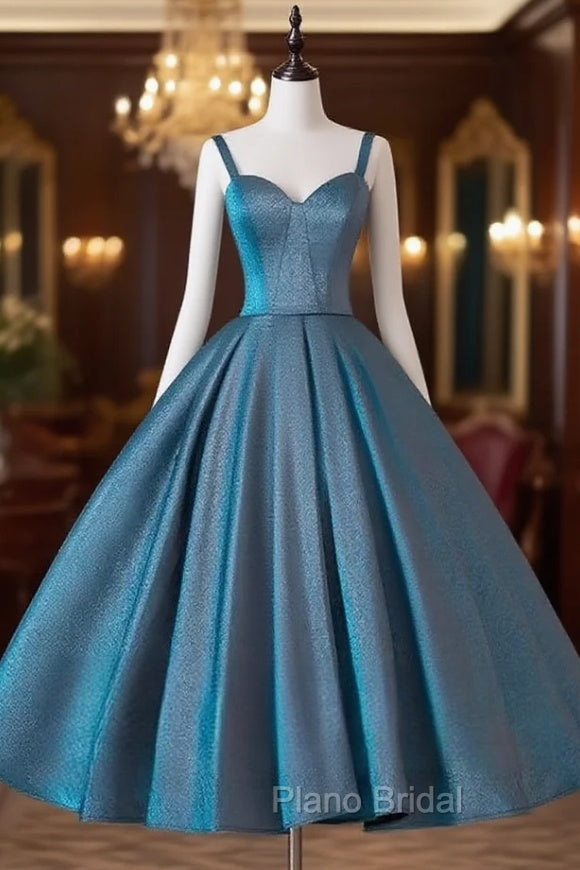A-Line Sweetheart Neck Satin Tea Length Blue Formal Prom Dresses, Blue Formal Dresses