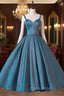 A-Line Sweetheart Neck Satin Tea Length Blue Formal Prom Dresses, Blue Formal Dresses