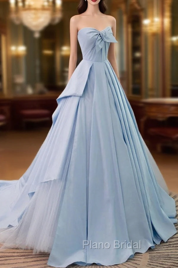 A-Line Sweetheart Neck Satin Tulle Blue Long Formal Prom Dresses, Blue Evening Dresses Secondary image