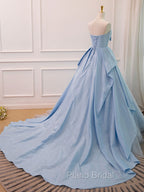 A-Line Sweetheart Neck Satin Tulle Blue Long Formal Prom Dresses, Blue Evening Dresses