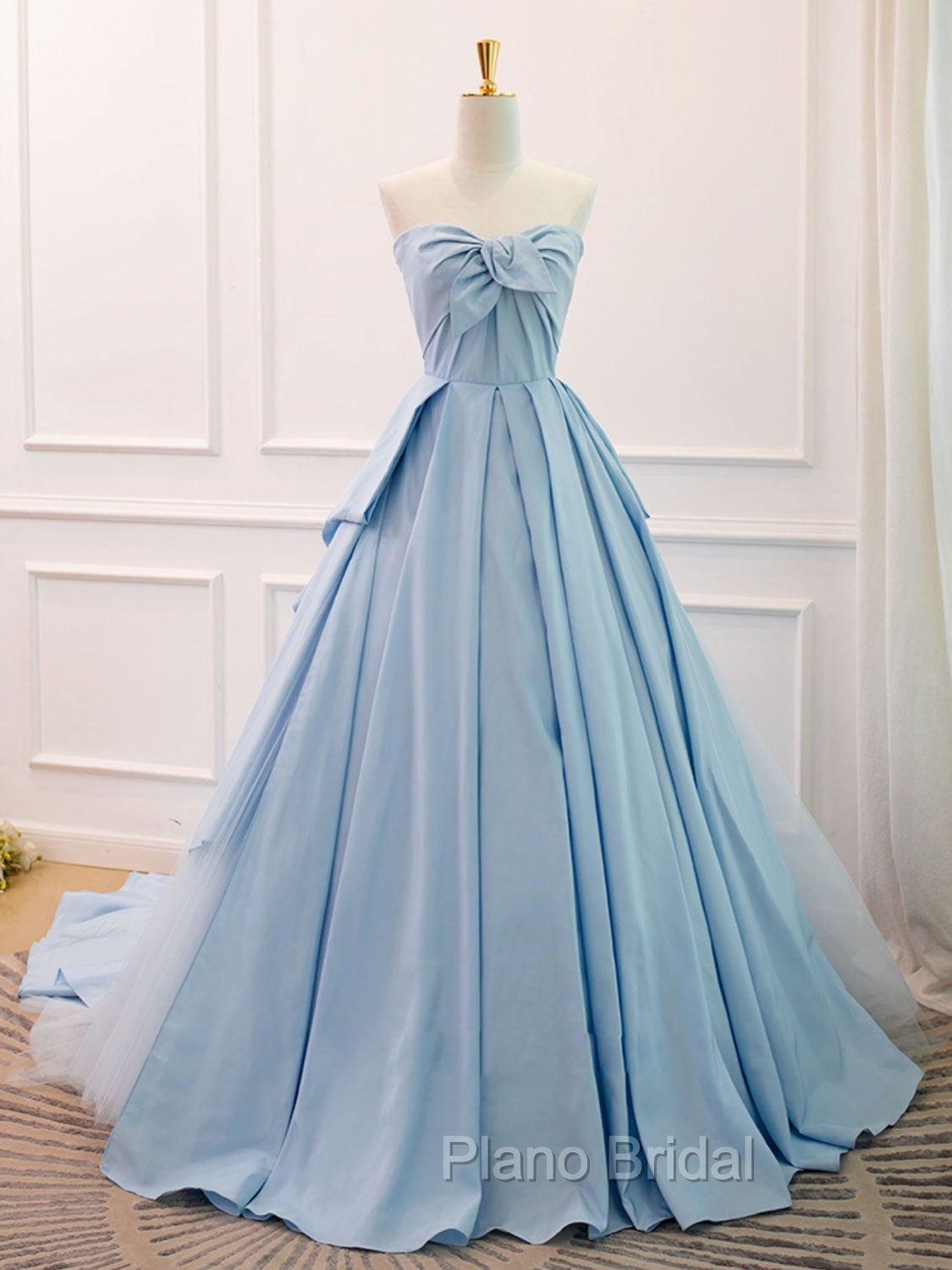 A-Line Sweetheart Neck Satin Tulle Blue Long Formal Prom Dresses, Blue Evening Dresses Main image