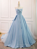 A-Line Sweetheart Neck Satin Tulle Blue Long Formal Prom Dresses, Blue Evening Dresses