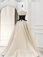 A-Line Sweetheart Neck Satin Velvet Champagne Long Formal Prom Dresses, Champagne Long Evening Dresses