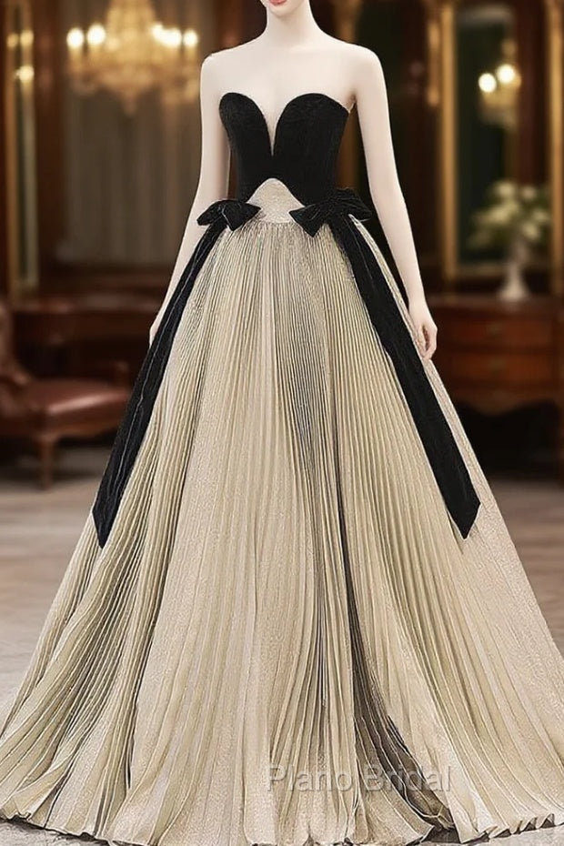 A-Line Sweetheart Neck Satin Velvet Champagne Long Formal Prom Dresses, Champagne Long Evening Dresses Main image
