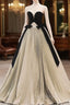 A-Line Sweetheart Neck Satin Velvet Champagne Long Formal Prom Dresses, Champagne Long Evening Dresses