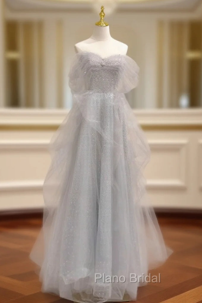 A-Line Sweetheart Neck Sequin Gray Long Formal Prom Dresses, Gray Formal Dresses Main image