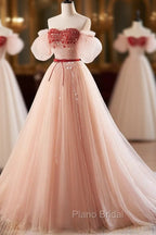 A-Line Sweetheart Neck Sequin Tulle Pink Long Formal Prom Dresses, Pink Formal Dresses