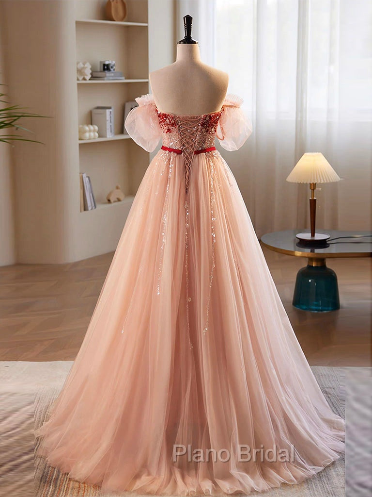 A-Line Sweetheart Neck Sequin Tulle Pink Long Formal Prom Dresses, Pink Formal Dresses