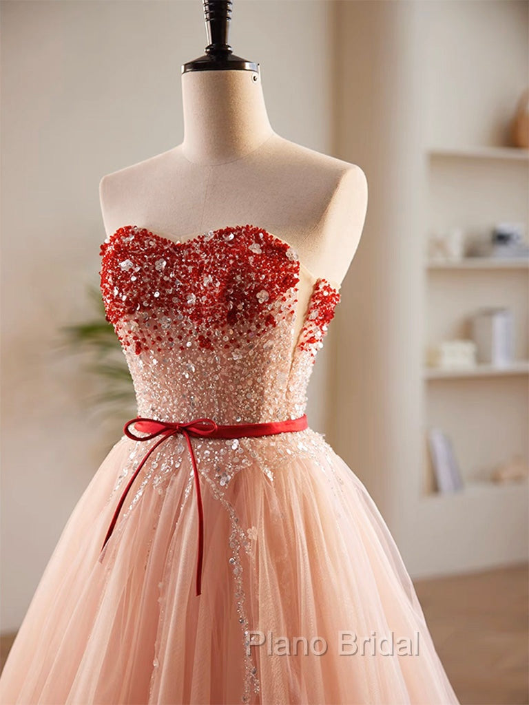 A-Line Sweetheart Neck Sequin Tulle Pink Long Formal Prom Dresses, Pink Formal Dresses